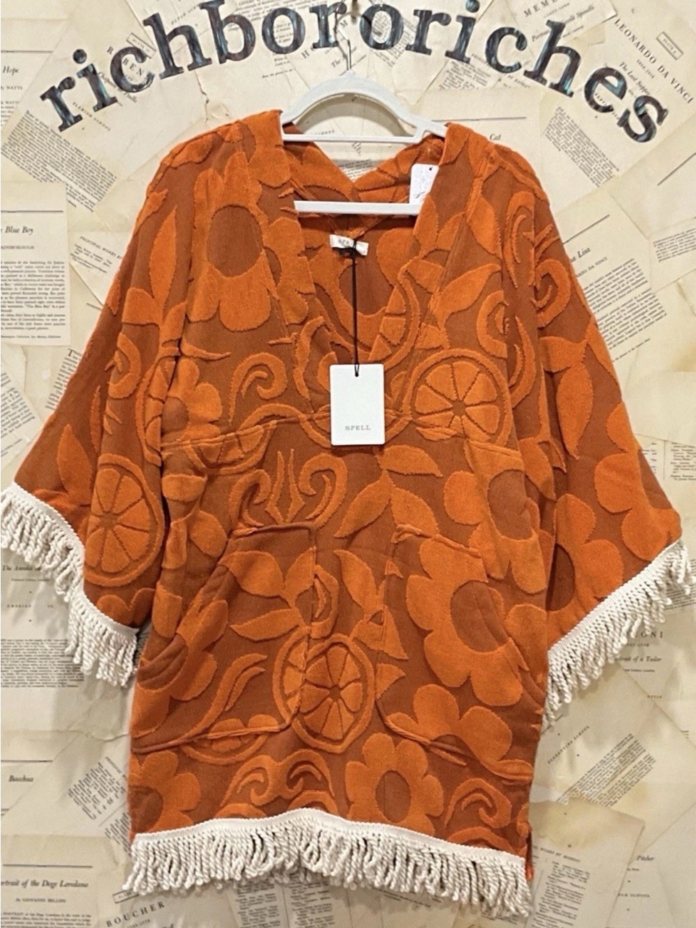 Free People Spell Pomelia Terry Throw Over Fringe Embroider Floral Sun Orange - Picture 7 of 8